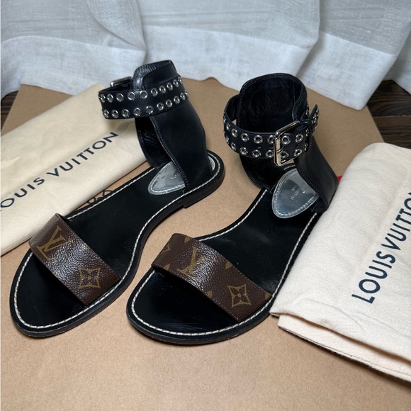 Louis Vuitton Studded Monogram Flat Sandals Black EU 38 - Picture 2 of 4